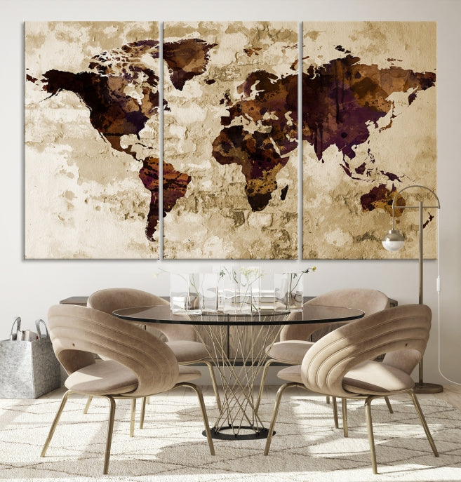 Brown Purple Modern World Map Print Framed Canvas Wall Art