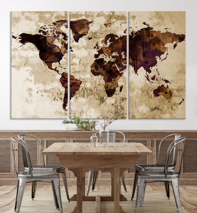 Brown Purple Modern World Map Print Framed Canvas Wall Art