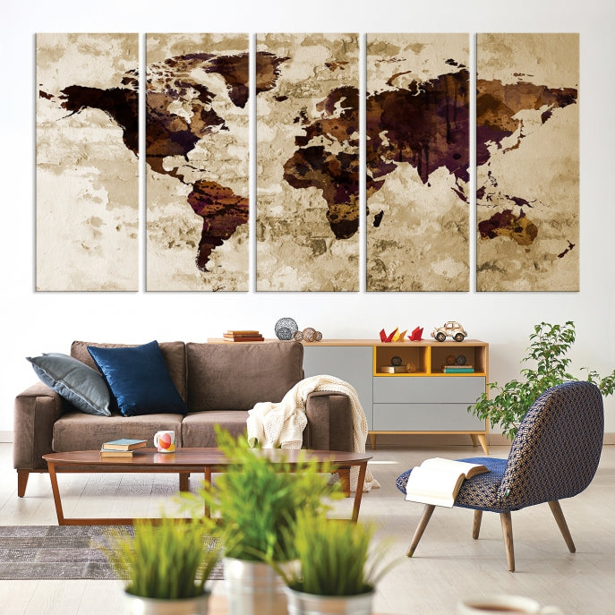 Brown Purple Modern World Map Print Framed Canvas Wall Art