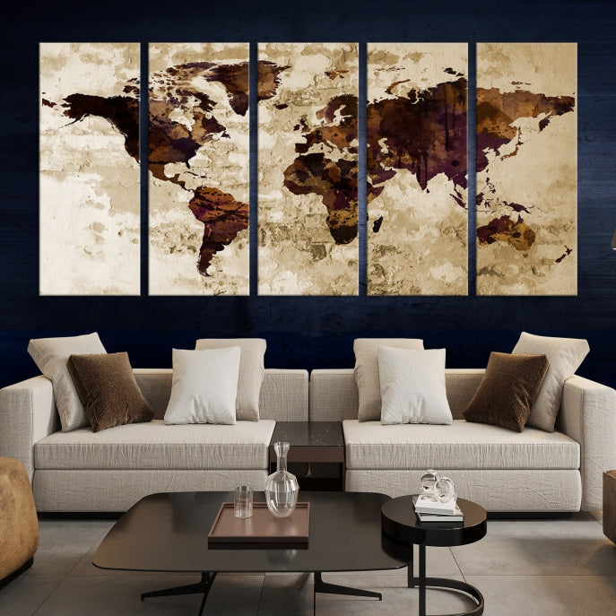 Brown Purple Modern World Map Print Framed Canvas Wall Art