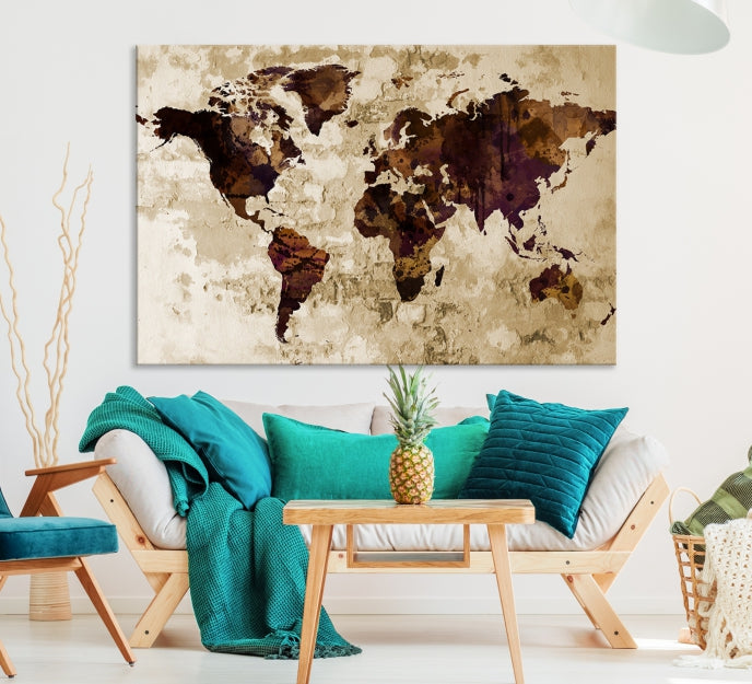 Brown Purple Modern World Map Print Framed Canvas Wall Art