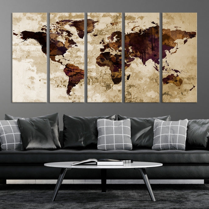 Brown Purple Modern World Map Print Framed Canvas Wall Art