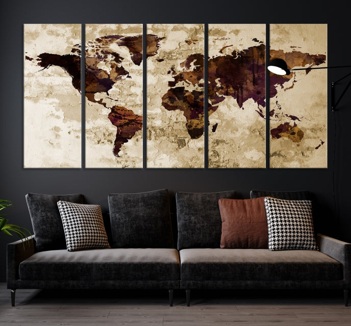 Brown Purple Modern World Map Print Framed Canvas Wall Art