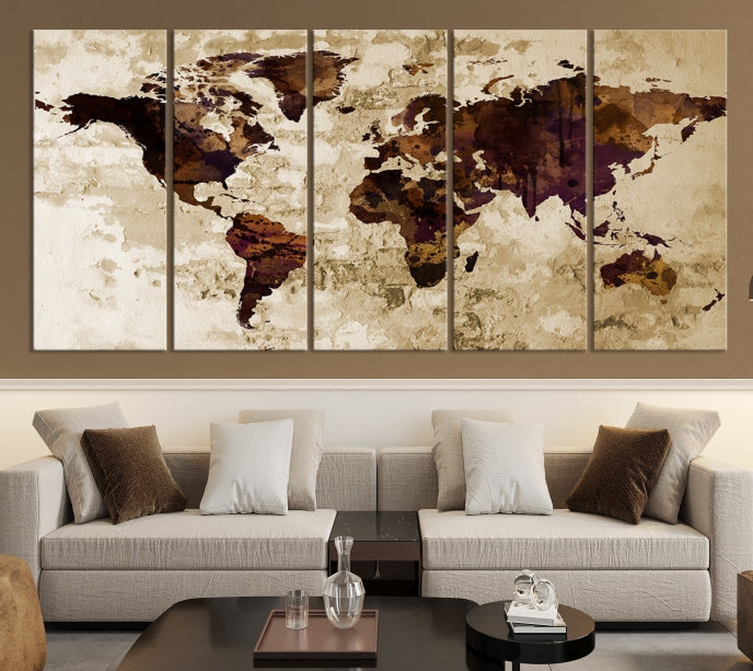 Brown Purple Modern World Map Print Framed Canvas Wall Art