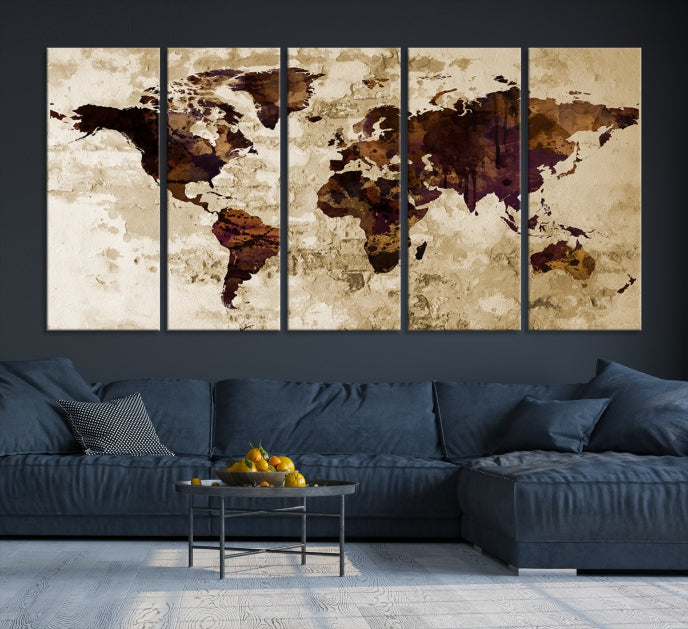 Brown Purple Modern World Map Print Framed Canvas Wall Art