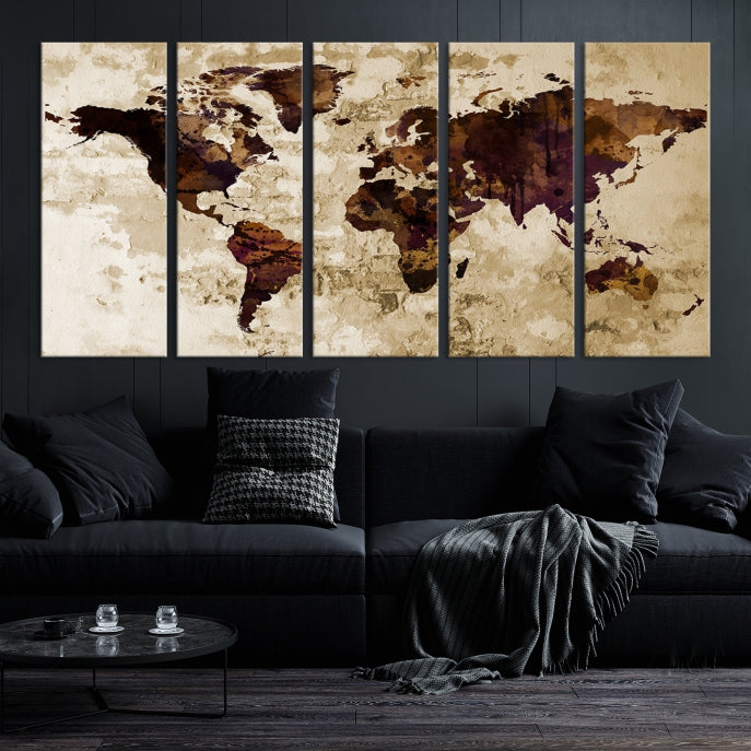 Brown Purple Modern World Map Print Framed Canvas Wall Art