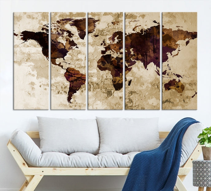 Brown Purple Modern World Map Print Framed Canvas Wall Art