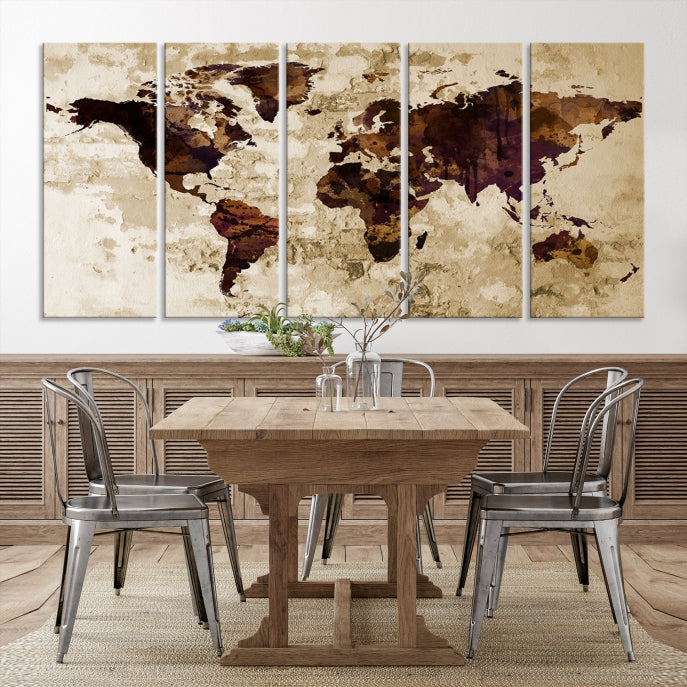 Brown Purple Modern World Map Print Framed Canvas Wall Art