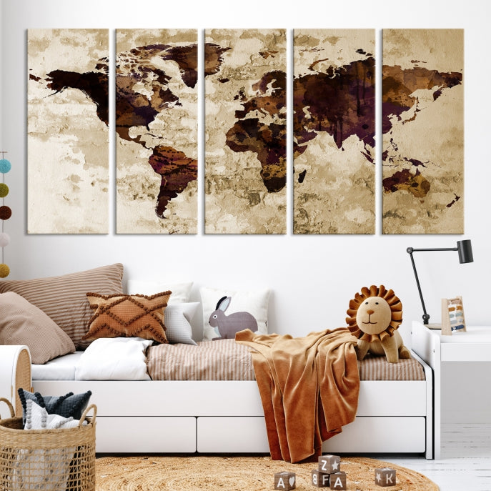 Brown Purple Modern World Map Print Framed Canvas Wall Art