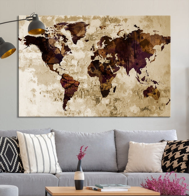 Brown Purple Modern World Map Print Framed Canvas Wall Art