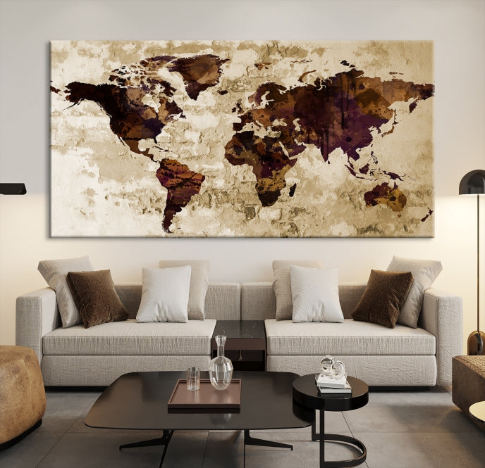 Brown Purple Modern World Map Print Framed Canvas Wall Art