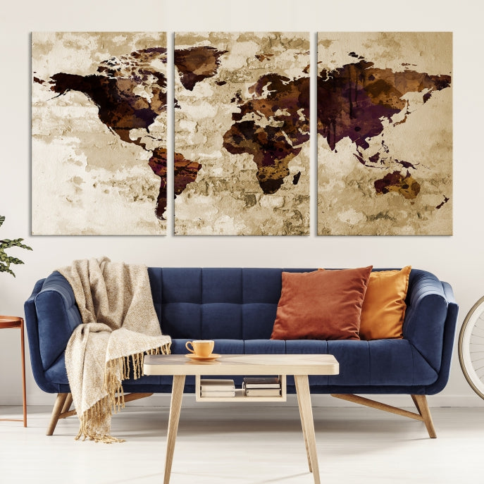 Brown Purple Modern World Map Print Framed Canvas Wall Art