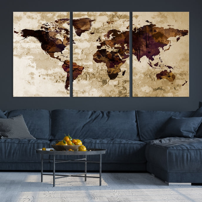 Brown Purple Modern World Map Print Framed Canvas Wall Art