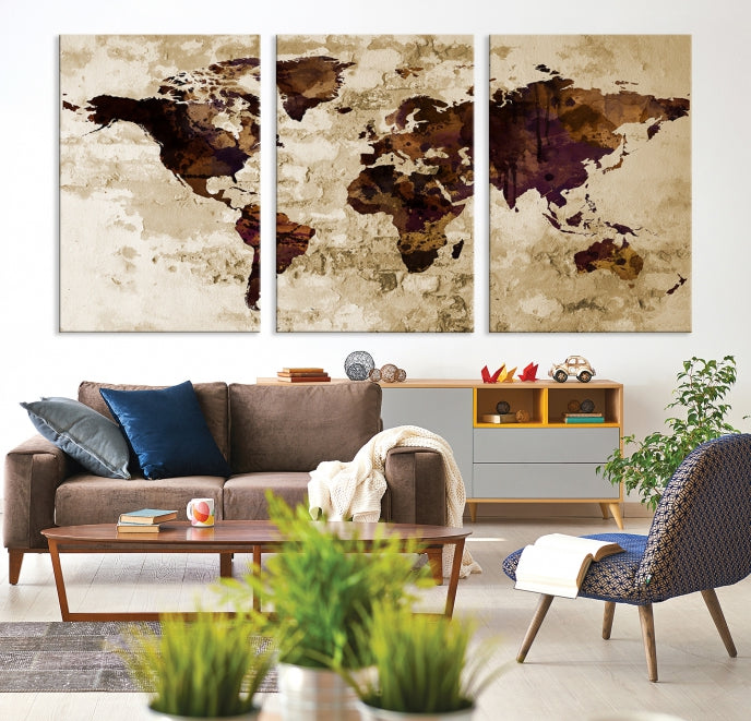 Brown Purple Modern World Map Print Framed Canvas Wall Art