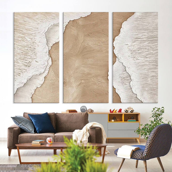 Brown White Beach Abstract Wall Art Print, Framed Abstract Marble Wall Art Canvas Print, Abstract Painting for Living Room Dining Room Decor