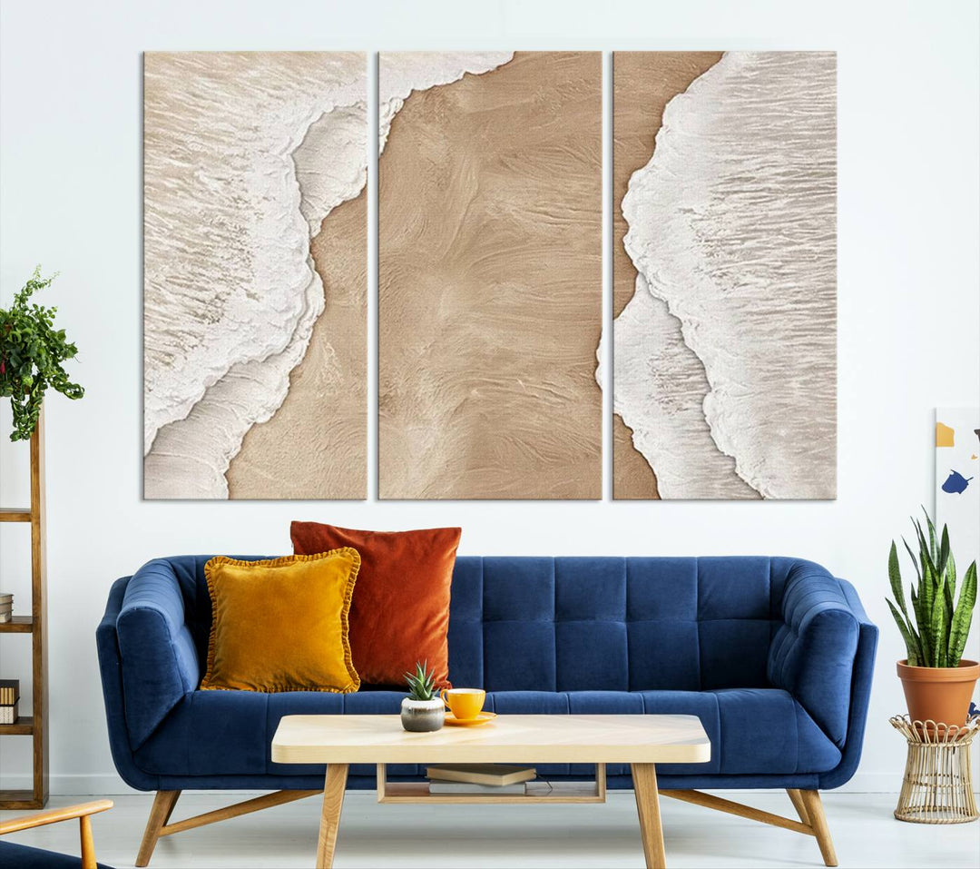 Brown White Beach Abstract Wall Art Print, Framed Abstract Marble Wall Art Canvas Print, Abstract Painting for Living Room Dining Room Decor