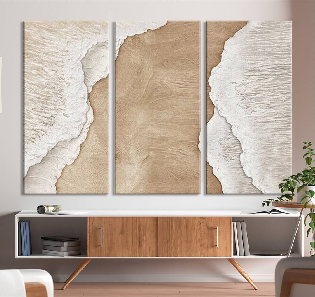 Brown White Beach Abstract Wall Art Print, Framed Abstract Marble Wall Art Canvas Print, Abstract Painting for Living Room Dining Room Decor