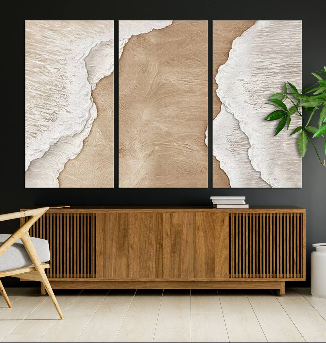 Brown White Beach Abstract Wall Art Print, Framed Abstract Marble Wall Art Canvas Print, Abstract Painting for Living Room Dining Room Decor