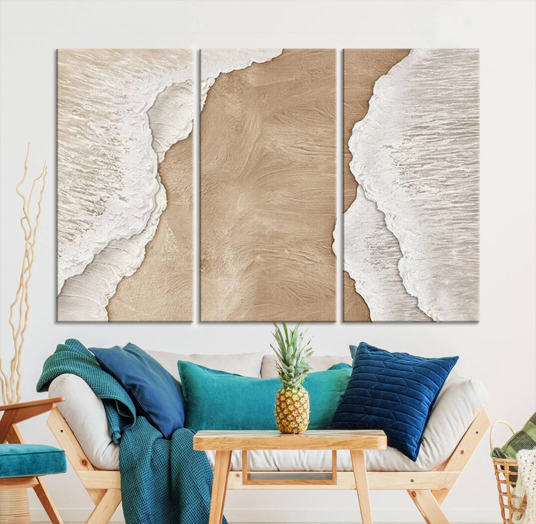 Brown White Beach Abstract Wall Art Print, Framed Abstract Marble Wall Art Canvas Print, Abstract Painting for Living Room Dining Room Decor