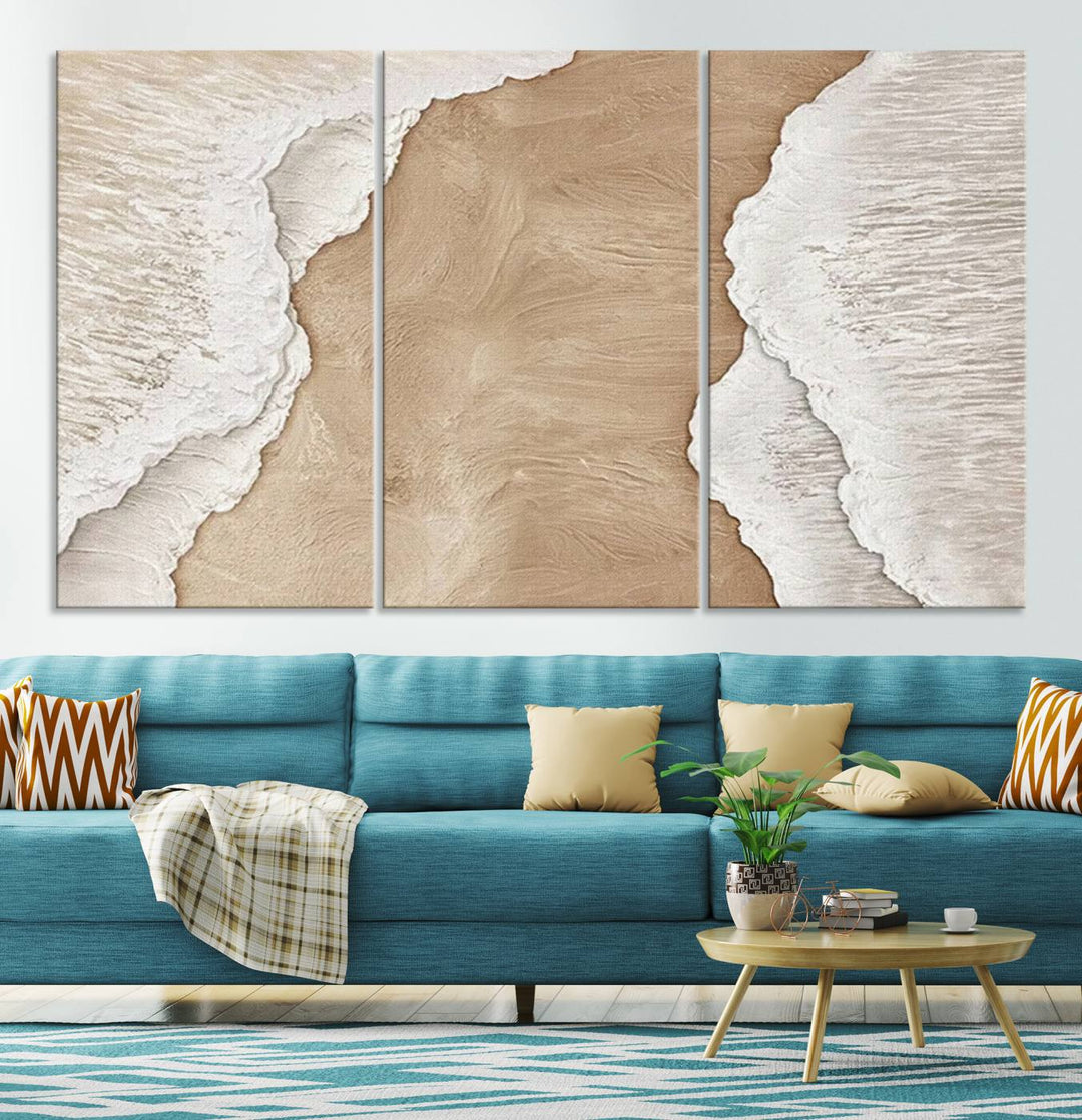 Brown White Beach Abstract Wall Art Print, Framed Abstract Marble Wall Art Canvas Print, Abstract Painting for Living Room Dining Room Decor