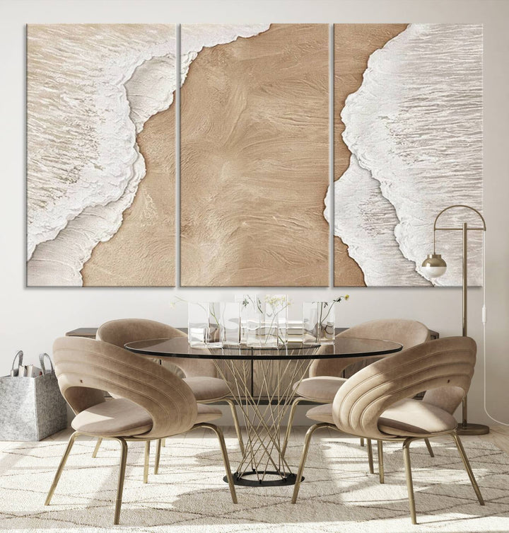 Brown White Beach Abstract Wall Art Print, Framed Abstract Marble Wall Art Canvas Print, Abstract Painting for Living Room Dining Room Decor