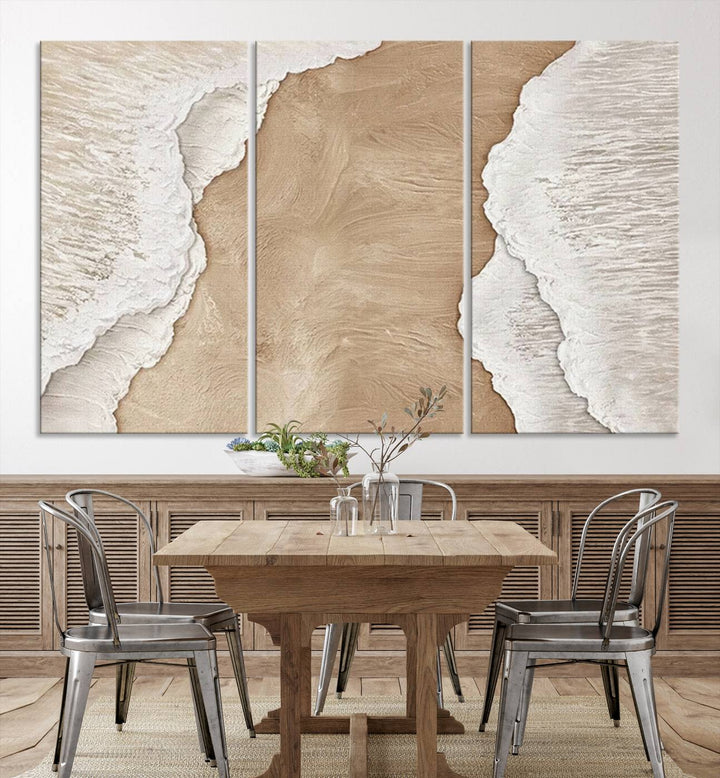 Brown White Beach Abstract Wall Art Print, Framed Abstract Marble Wall Art Canvas Print, Abstract Painting for Living Room Dining Room Decor