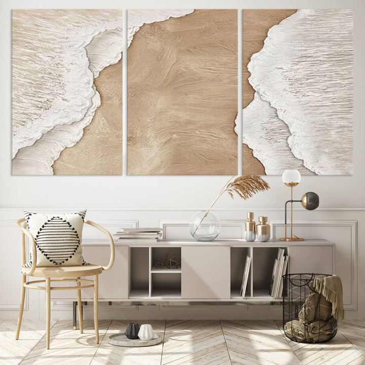 Brown White Beach Abstract Wall Art Print, Framed Abstract Marble Wall Art Canvas Print, Abstract Painting for Living Room Dining Room Decor