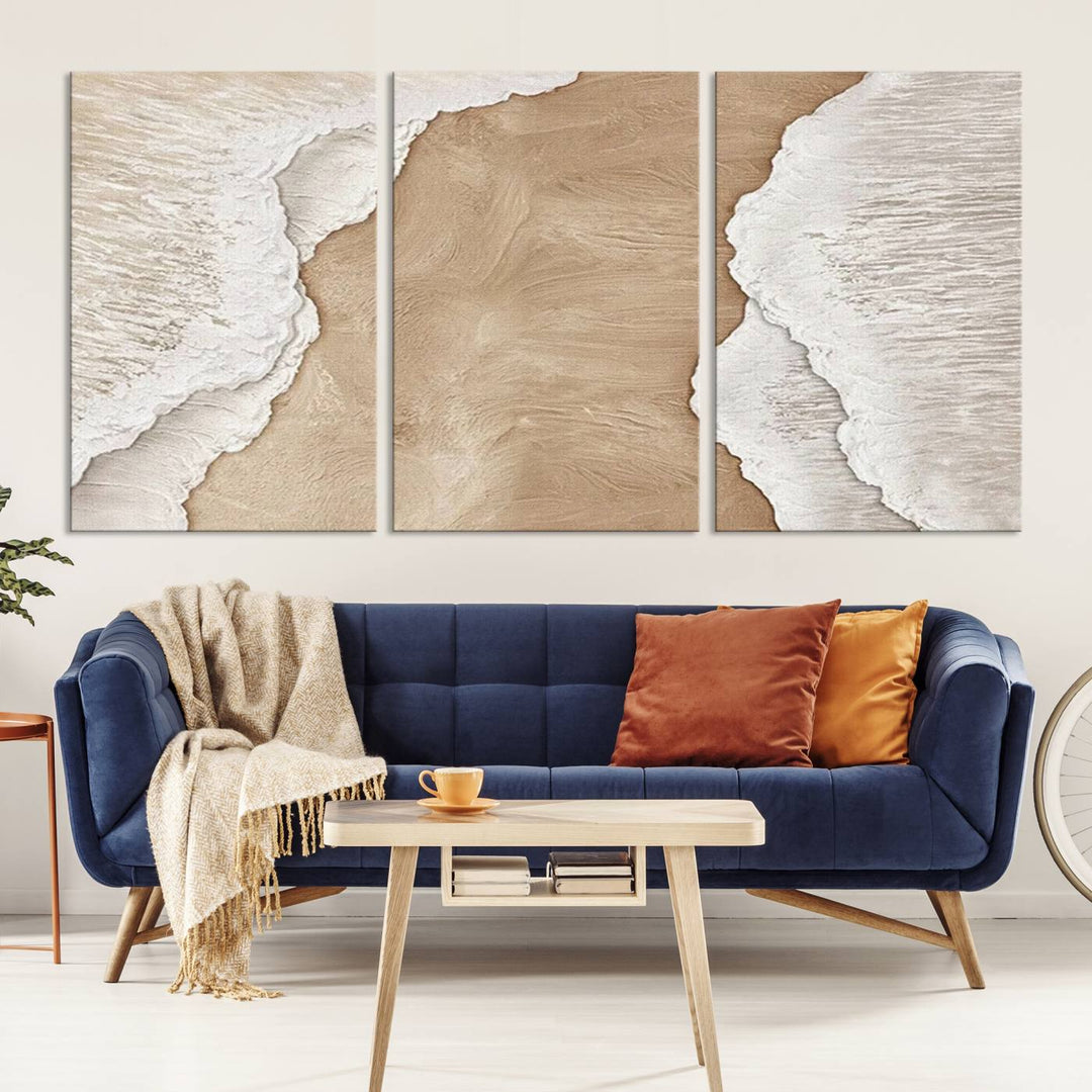 Brown White Beach Abstract Wall Art Print, Framed Abstract Marble Wall Art Canvas Print, Abstract Painting for Living Room Dining Room Decor