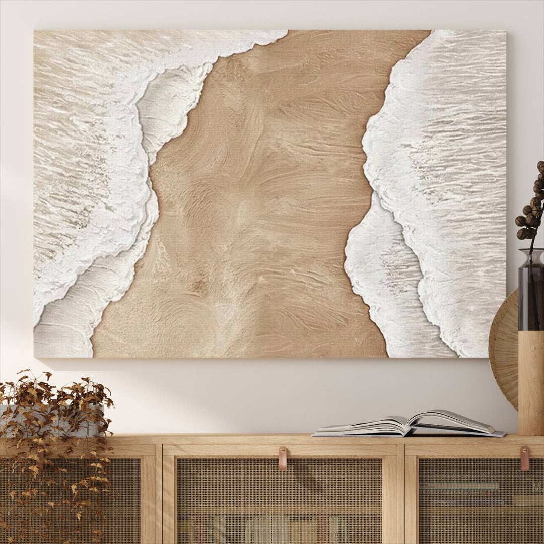 Brown White Beach Abstract Wall Art Print, Framed Abstract Marble Wall Art Canvas Print, Abstract Painting for Living Room Dining Room Decor