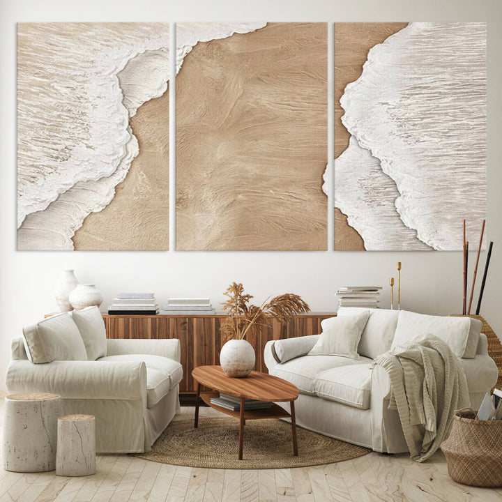 Brown White Beach Abstract Wall Art Print, Framed Abstract Marble Wall Art Canvas Print, Abstract Painting for Living Room Dining Room Decor