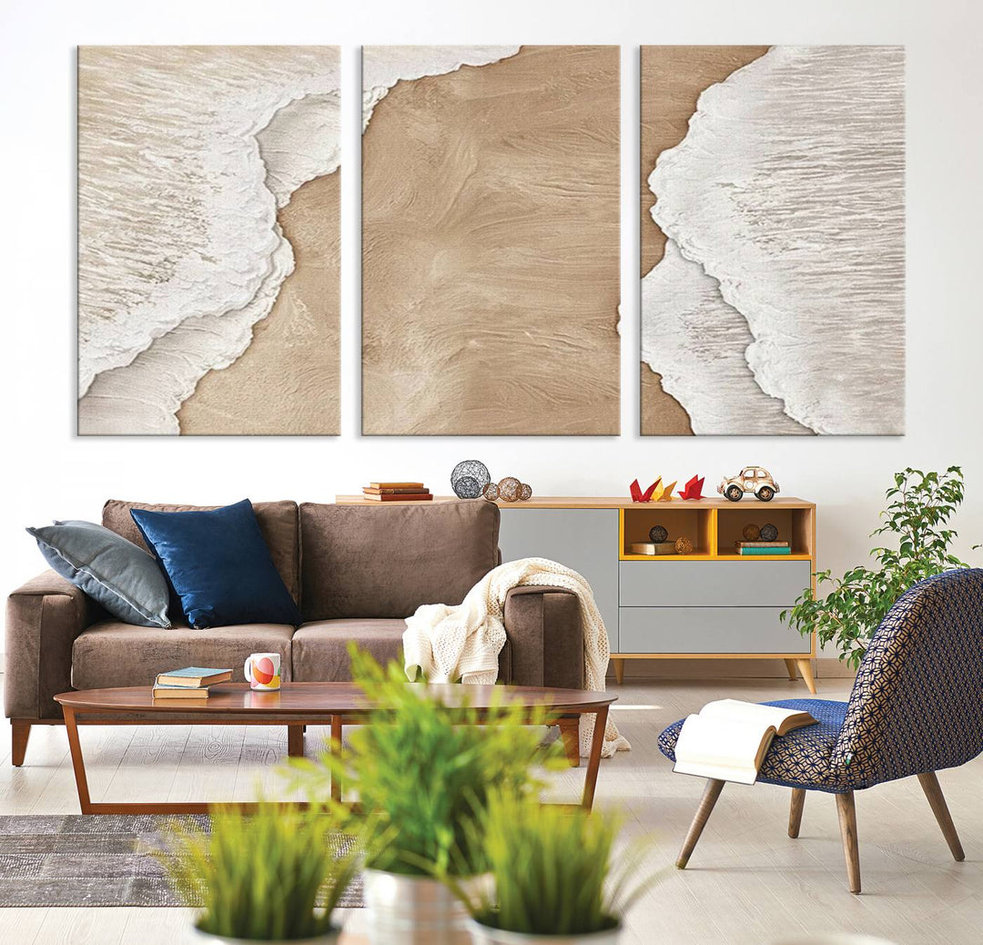 Brown White Beach Abstract Wall Art Print, Framed Abstract Marble Wall Art Canvas Print, Abstract Painting for Living Room Dining Room Decor