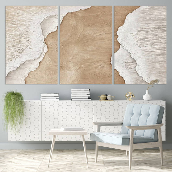 Brown White Beach Abstract Wall Art Print, Framed Abstract Marble Wall Art Canvas Print, Abstract Painting for Living Room Dining Room Decor