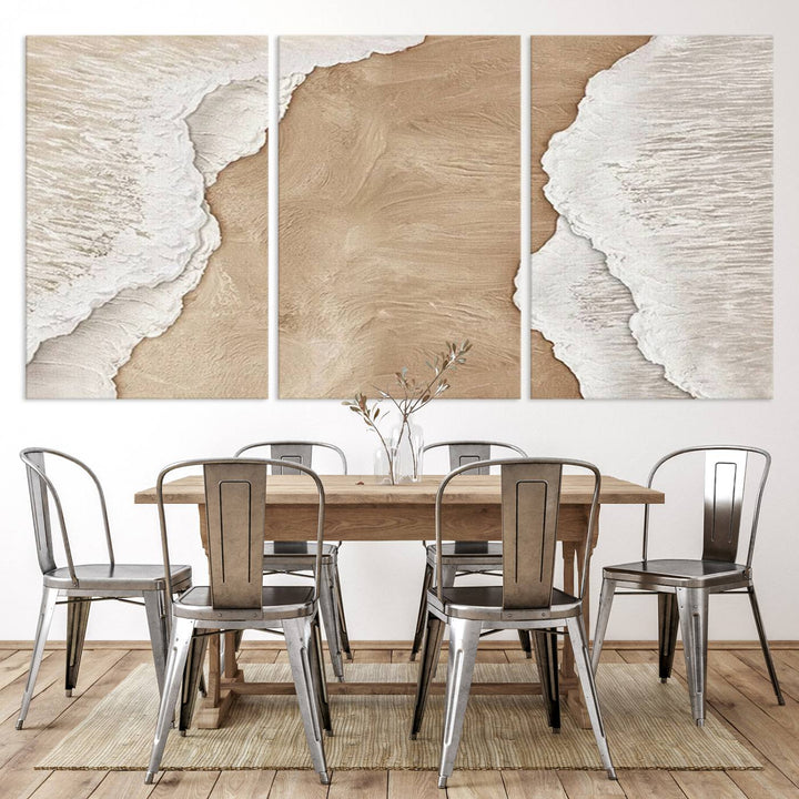 Brown White Beach Abstract Wall Art Print, Framed Abstract Marble Wall Art Canvas Print, Abstract Painting for Living Room Dining Room Decor