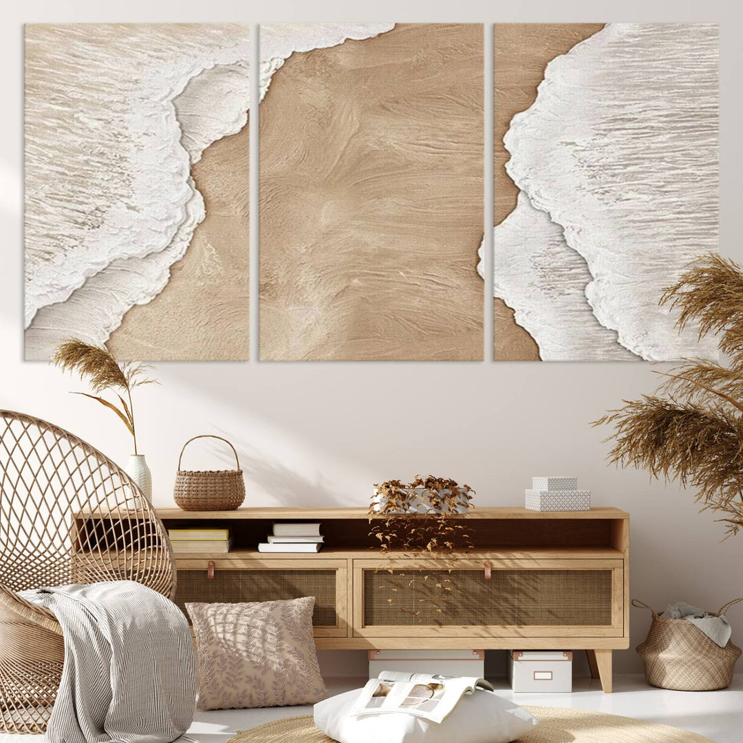 Brown White Beach Abstract Wall Art Print, Framed Abstract Marble Wall Art Canvas Print, Abstract Painting for Living Room Dining Room Decor