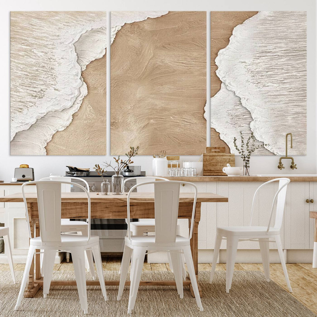 Brown White Beach Abstract Wall Art Print, Framed Abstract Marble Wall Art Canvas Print, Abstract Painting for Living Room Dining Room Decor