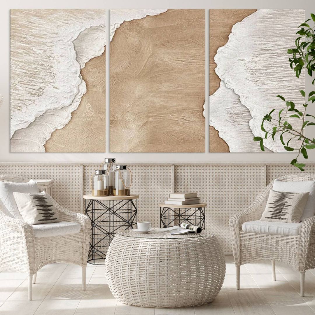 Brown White Beach Abstract Wall Art Print, Framed Abstract Marble Wall Art Canvas Print, Abstract Painting for Living Room Dining Room Decor