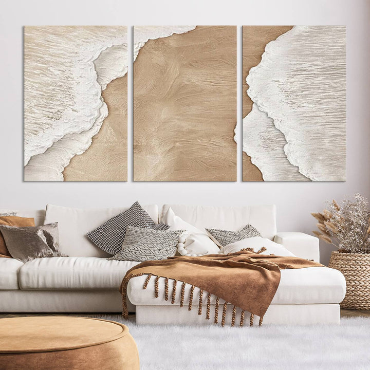 Brown White Beach Abstract Wall Art Print, Framed Abstract Marble Wall Art Canvas Print, Abstract Painting for Living Room Dining Room Decor