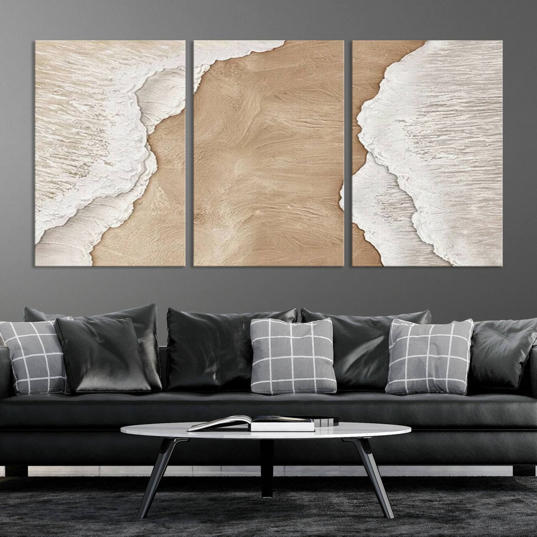 Brown White Beach Abstract Wall Art Print, Framed Abstract Marble Wall Art Canvas Print, Abstract Painting for Living Room Dining Room Decor