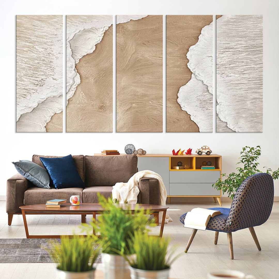 Brown White Beach Abstract Wall Art Print, Framed Abstract Marble Wall Art Canvas Print, Abstract Painting for Living Room Dining Room Decor