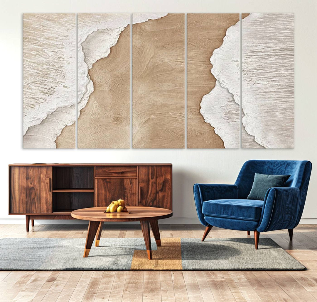 Brown White Beach Abstract Wall Art Print, Framed Abstract Marble Wall Art Canvas Print, Abstract Painting for Living Room Dining Room Decor