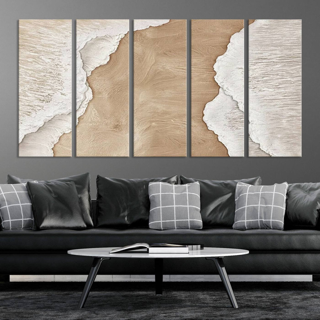 Brown White Beach Abstract Wall Art Print, Framed Abstract Marble Wall Art Canvas Print, Abstract Painting for Living Room Dining Room Decor