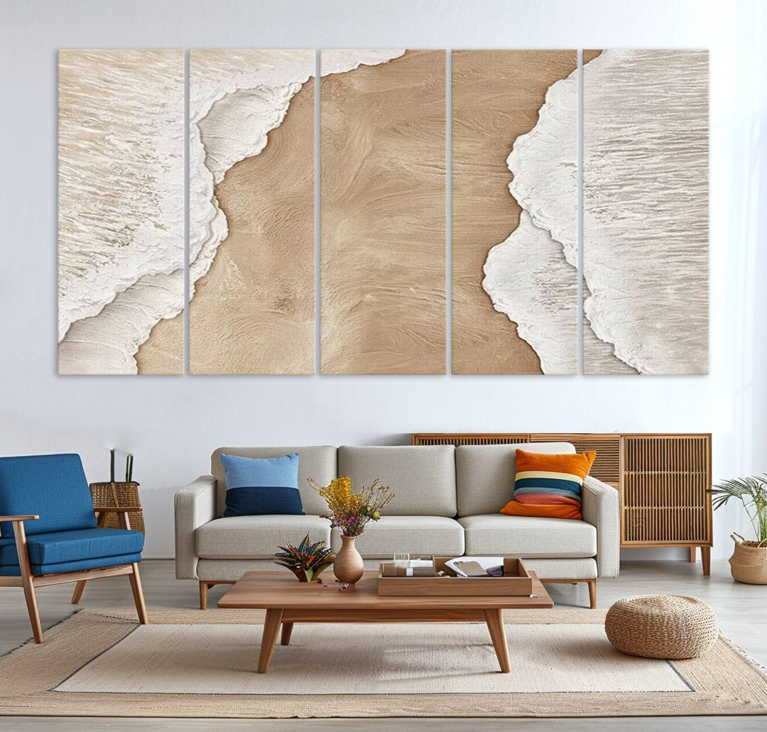 Brown White Beach Abstract Wall Art Print, Framed Abstract Marble Wall Art Canvas Print, Abstract Painting for Living Room Dining Room Decor