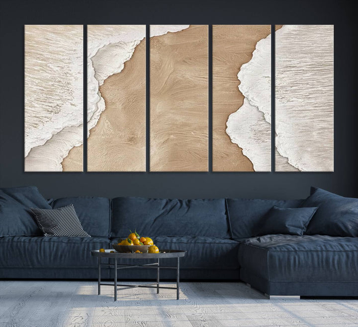 Brown White Beach Abstract Wall Art Print, Framed Abstract Marble Wall Art Canvas Print, Abstract Painting for Living Room Dining Room Decor