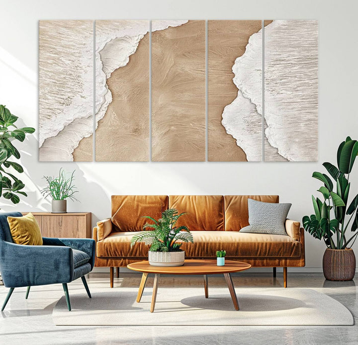 Brown White Beach Abstract Wall Art Print, Framed Abstract Marble Wall Art Canvas Print, Abstract Painting for Living Room Dining Room Decor