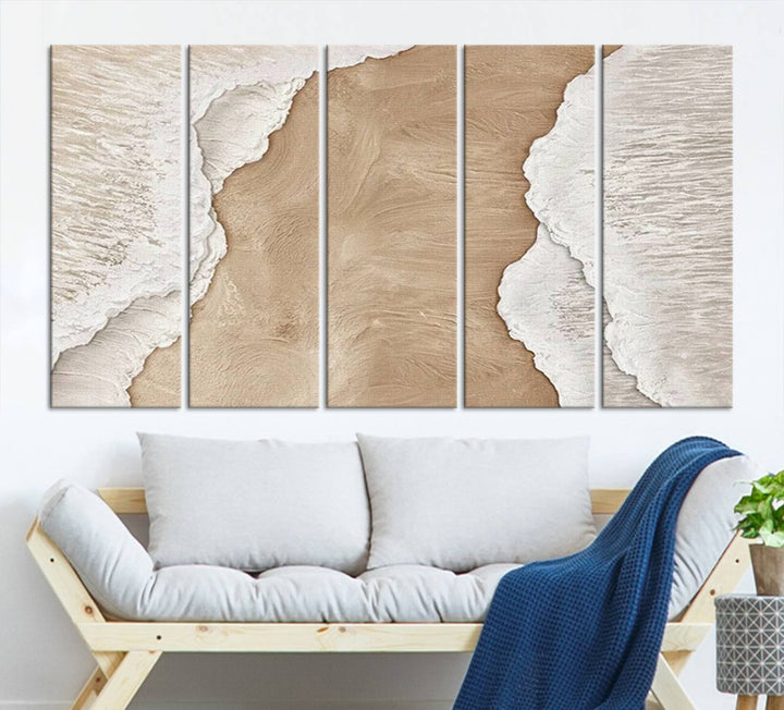 Brown White Beach Abstract Wall Art Print, Framed Abstract Marble Wall Art Canvas Print, Abstract Painting for Living Room Dining Room Decor