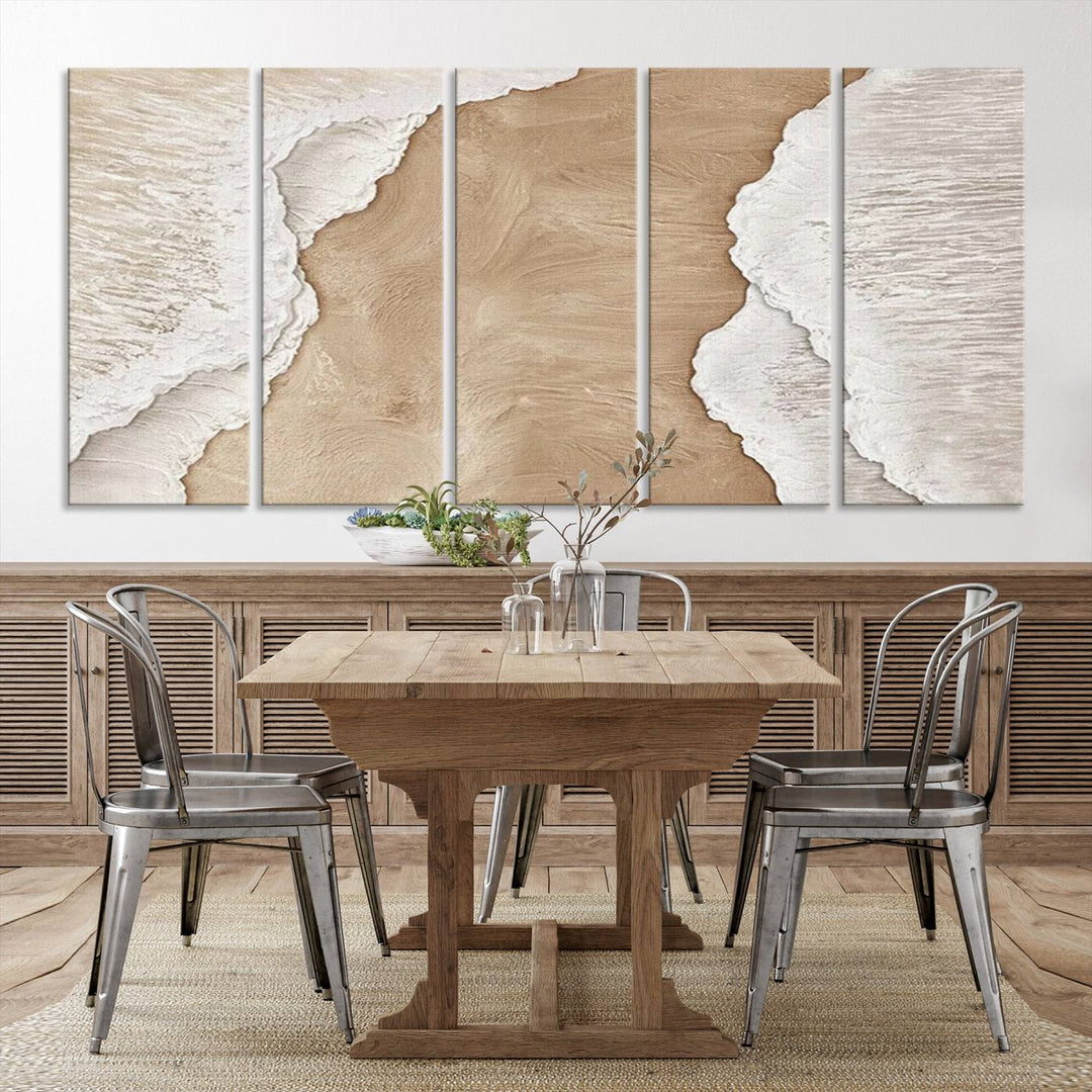 Brown White Beach Abstract Wall Art Print, Framed Abstract Marble Wall Art Canvas Print, Abstract Painting for Living Room Dining Room Decor