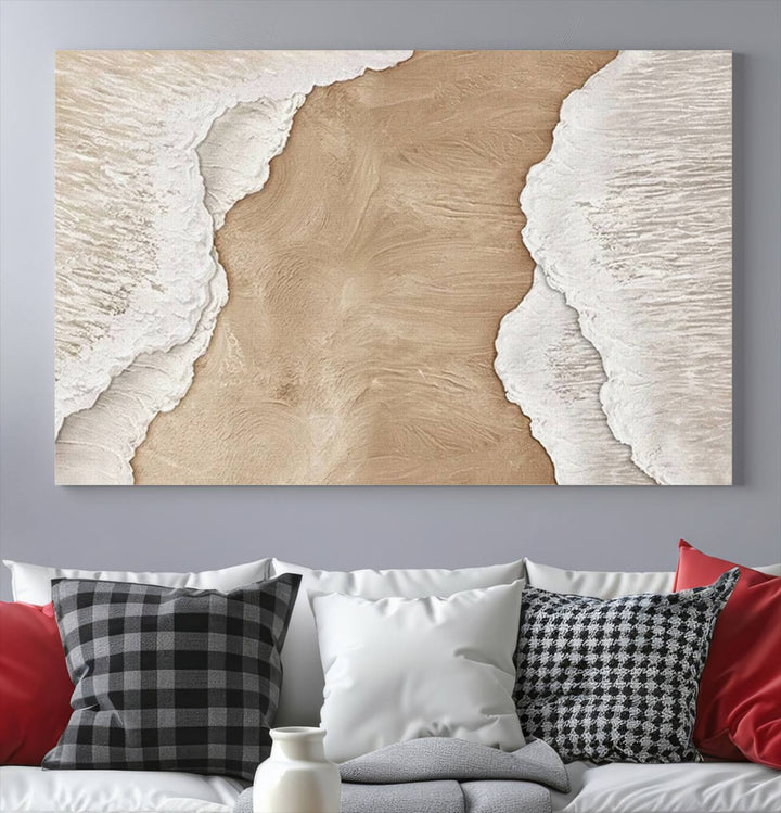 Brown White Beach Abstract Wall Art Print, Framed Abstract Marble Wall Art Canvas Print, Abstract Painting for Living Room Dining Room Decor