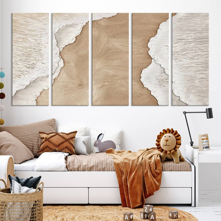 Brown White Beach Abstract Wall Art Print, Framed Abstract Marble Wall Art Canvas Print, Abstract Painting for Living Room Dining Room Decor