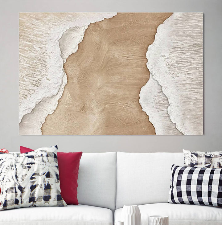 Brown White Beach Abstract Wall Art Print, Framed Abstract Marble Wall Art Canvas Print, Abstract Painting for Living Room Dining Room Decor