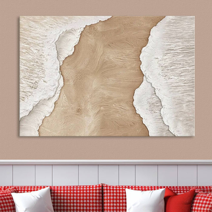 Brown White Beach Abstract Wall Art Print, Framed Abstract Marble Wall Art Canvas Print, Abstract Painting for Living Room Dining Room Decor